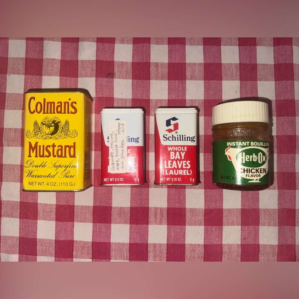 Vintage Lot Coleman’s Mustard Tin, Shilling Spice Tins Bay Thyme, Herb -Ox Jar